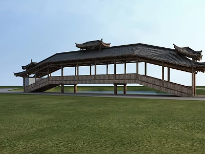 Traditional Chinese Corridor with Classic Curved Roof and Wooden Columns in Open Grassland 3d model