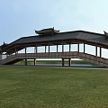 Traditional Chinese Corridor with Classic Curved Roof and Wooden Columns in Open Grassland