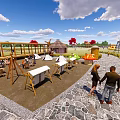 Scenic Rice Field With Stone Path Wooden Deck Colorful Trees And People Near Buildings