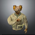 Anthropomorphic Lizard Character In Beige Military Coat With Orange Glowing Eyes Gesturing Hand And Suspenders
