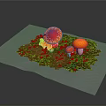 3D Rendered Mushroom Scene With Red Spotted Orange Small Red Mushrooms On Green Brown Ground