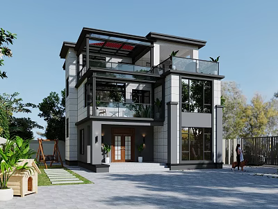Modern Two Story Detached Villa With Large Glass Windows Balcony And Courtyard Greenery 3d model