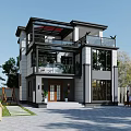 Modern Two Story Detached Villa With Large Glass Windows Balcony And Courtyard Greenery