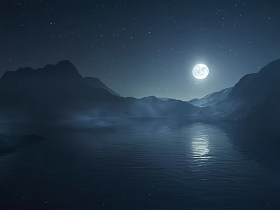 Serene Night Landscape With Full Moon Stars Calm Lake Mountain Silhouettes And Moonlight Reflection 3d model