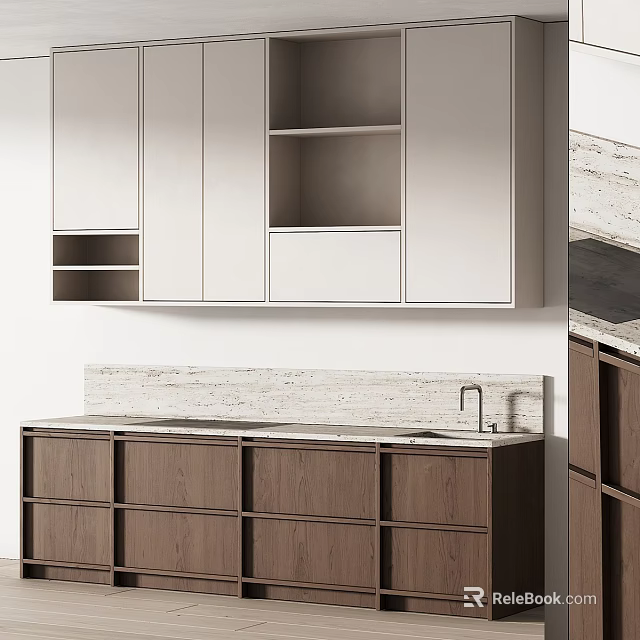 Sleek Modern Kitchen Cabinets With Neutral Tones And Stone Backsplash 3d model