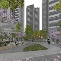 Modern High-Rise Residential Building with Balconies Lush Greenery Landscaped Area and People Walking in Sunlight