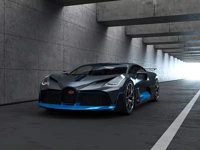 Black And Blue Bugatti Sports Car In Concrete Tunnel With Bright Light 3d model