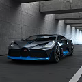 Black And Blue Bugatti Sports Car In Concrete Tunnel With Bright Light