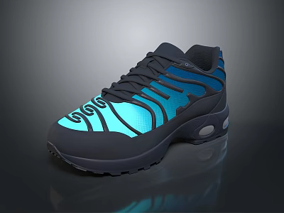 Modern Black And Blue Reflective Sneakers With Cushioned Sole And Lace Up Details 3d model