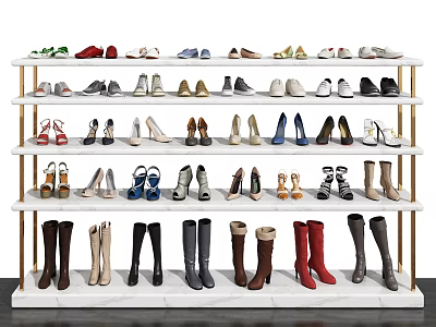 Various Stylish Shoes Displayed On Multi Tier Modern Shoe Rack 3d model