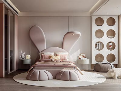 Cute Modern Kids Room Interior Design With Pink Bunny Ear Headboard And Circular Shelves 3d model