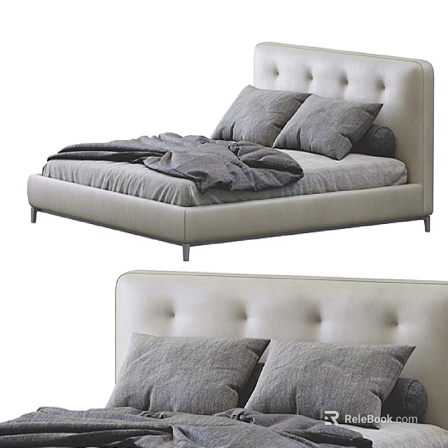 Modern Double Bed With Button Tufted Upholstered Headboard And Gray Bedding 3d model