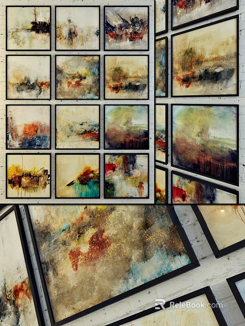 Colorful Abstract Oil Paintings With Framed Wall Art Collection Various Styles And Rich Hues 3d model 