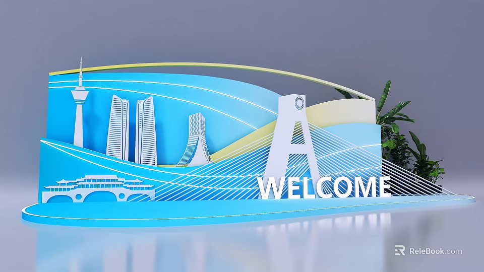 Popular City Landmarks Silhouette Photo Check In Spot With Blue Design And Welcome Sign 3d model 
