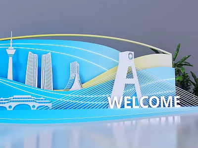 Popular City Landmarks Silhouette Photo Check In Spot With Blue Design And Welcome Sign 3d model