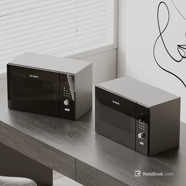 Black Kitchen Appliances On Wooden Countertop With Window And Decorative Wall Line 3d model 