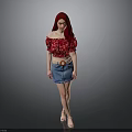 Woman with Long Red Hair in Off Shoulder Floral Top and Denim Skirt