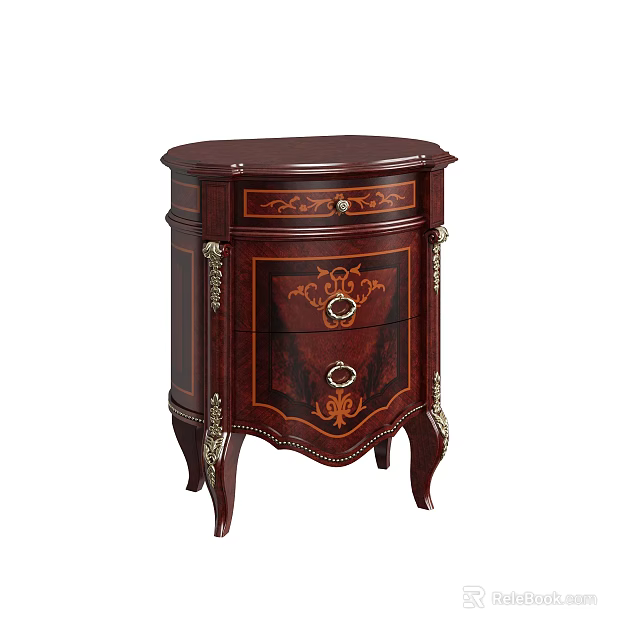 Elegant Antique Wooden Bedside Table With Ornate Carvings And Metal Accents 3d model 