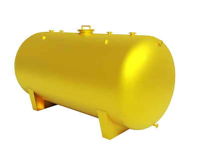 Yellow Cylindrical Storage Tank With Support Base And Top Fittings Structure 3d model