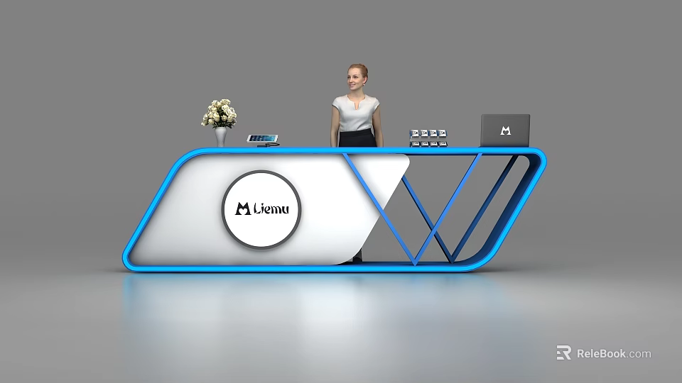 Modern Blue And White Reception Desk With M Smart Logo Vase Laptop And Receptionist 3d model 