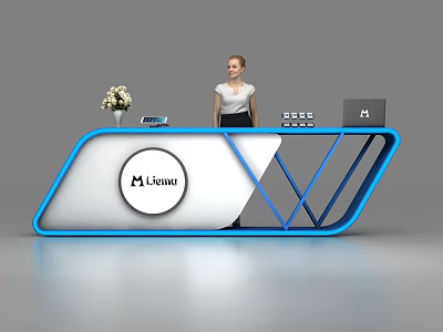 Modern Blue And White Reception Desk With M Smart Logo Vase Laptop And Receptionist 3d model