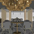 Luxurious Restaurant Interior With Gold Wavy Ceiling Lamps And Gray Armchairs