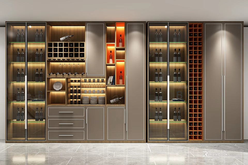 Elegant Modern Wine Cabinet With Glass Doors And Wine Bottle 3d model 