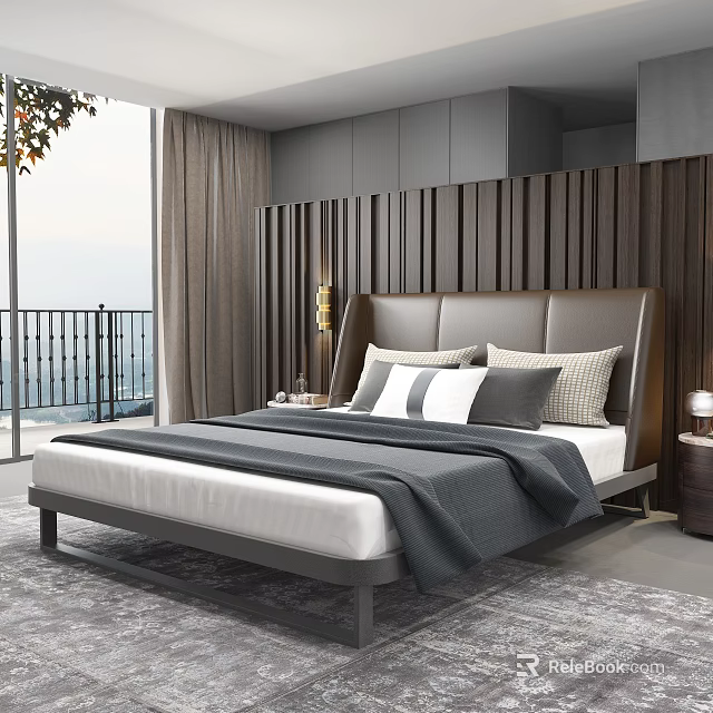Modern Double Bed With Brown Headboard Gray Blanket And Wooden Panel Wall 3d model 