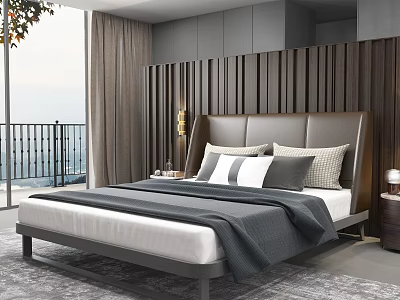 Modern Double Bed With Brown Headboard Gray Blanket And Wooden Panel Wall 3d model