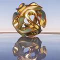 Golden Spiral Sculpture With Shiny Surface And Blue Sky Background
