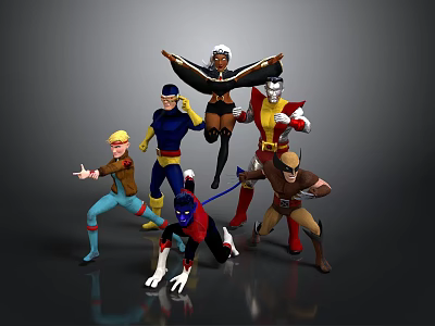 Group of Animated Superhero Characters in Dynamic Action Poses With Colorful Costumes 3d model