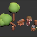 Cartoon Character With Fallen Trees Logs Axe And Kettle As Essential Daily Living Supplies