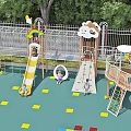 Vibrant Kindergarten Playground With Slide Rainbow Cloud Decorations Colorful Floor And Children Playing