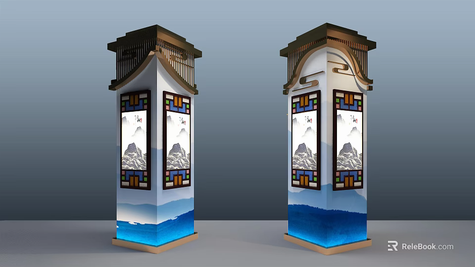 Traditional Chinese Columns With Roof Like Top Mountain Landscape Paintings Colorful Frames And Blue Base 3d model 