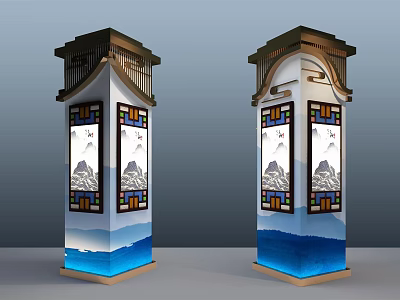 Traditional Chinese Columns With Roof Like Top Mountain Landscape Paintings Colorful Frames And Blue Base 3d model