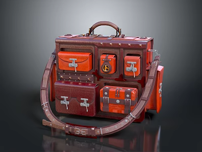 Vintage Leather Suitcase With Multiple Compartments Red Brown Design Metal Buckles And Strap 3d model