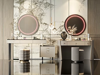 Modern Elegant Vanity Table With Round LED Mirrors Marble Wall Pendant Lights And Drawers 3d model