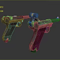 Two Classic Silver Metal Pistols With Red Shiny Grips On Dark Background