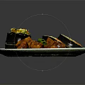 Delicious Black Rolls With Fried Chicken Pieces And Fresh Vegetables On White Plate