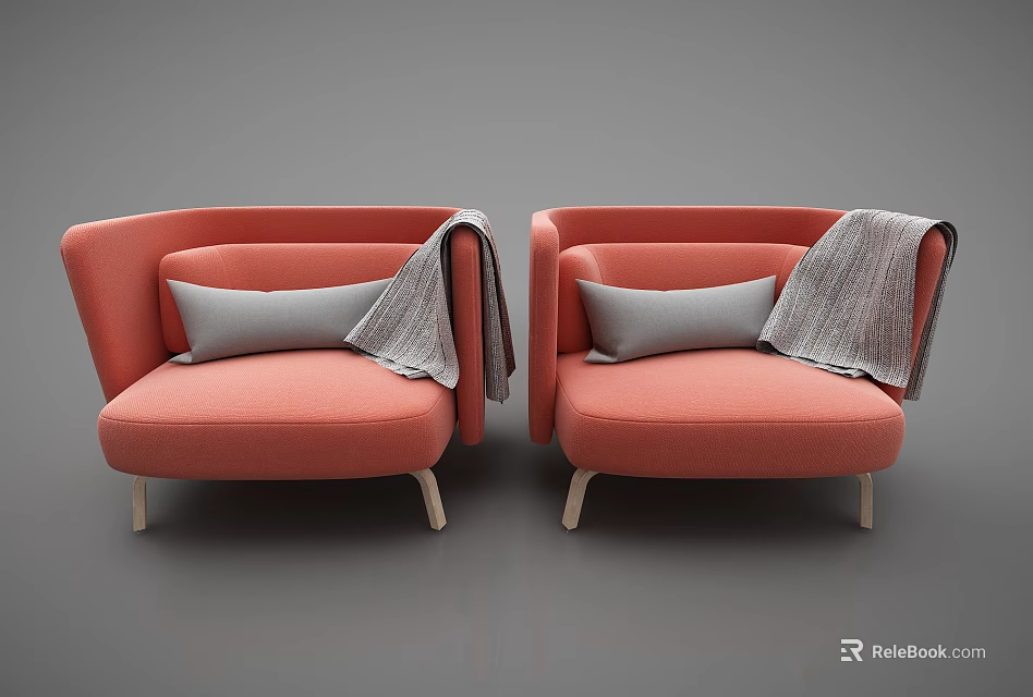Modern Stylish Orange Single Sofas With Gray Cushions Blankets And Light Colored Legs 3d model