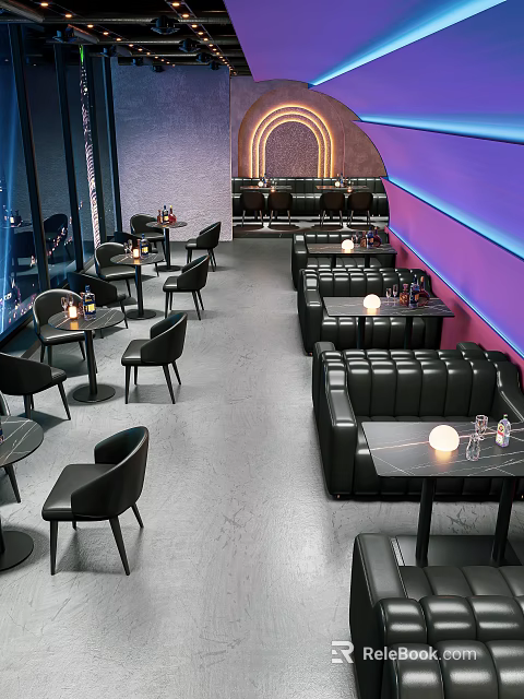 Modern Bar Interior Design With Black Leather Booths Round Tables And Purple Lit Walls 3d model 