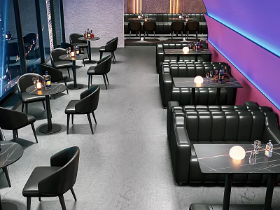 Modern Bar Interior Design With Black Leather Booths Round Tables And Purple Lit Walls 3d model