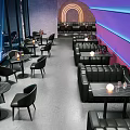 Modern Bar Interior Design With Black Leather Booths Round Tables And Purple Lit Walls