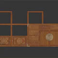 Traditional Chinese Wooden Furniture Set With Carved Drawers Open Shelves And Circular Patterns