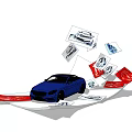 Blue Car Surrounded by Scattered Cards With Car Images and Red Accents