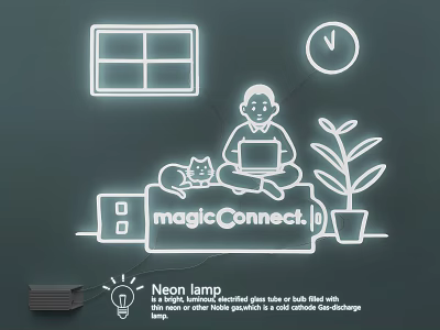 Neon Lighting Combinations for Cozy Room Interior with Window Clock and Plant 3d model