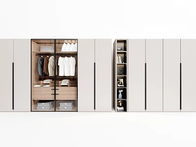 Modern Wardrobe Design With Hanging Rods Drawers Open Shelves And Light Wood Finish 3d model