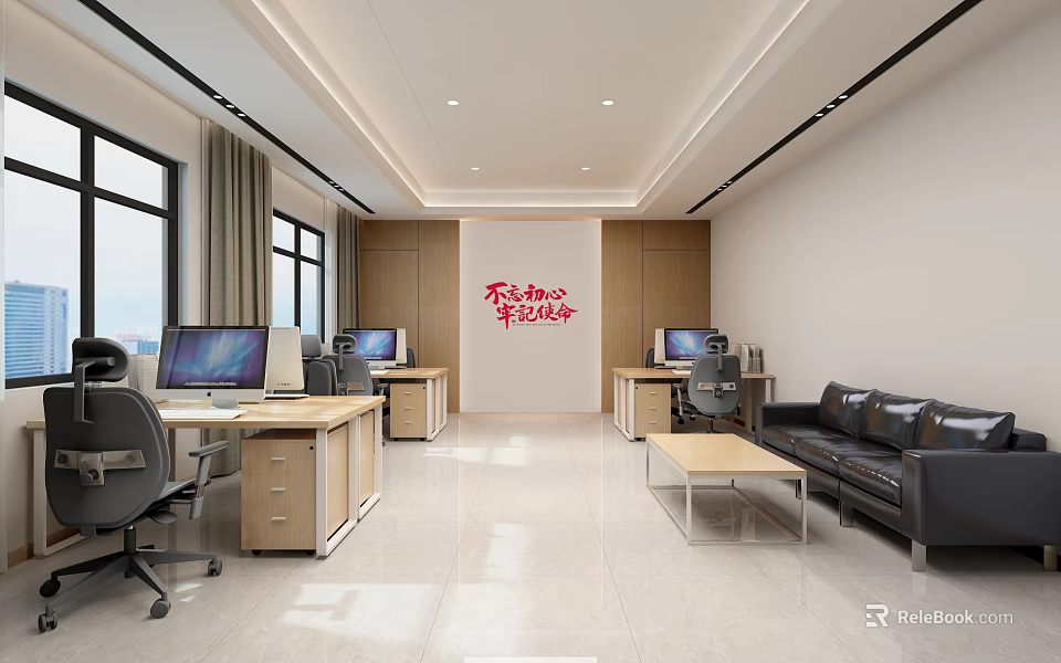 Modern Public Office Space Interior With Desks Computers Leather Sofa And Large Windows 3d model