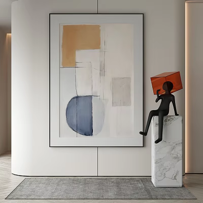 Black Human Figure Sculpture Sitting On Marble Countertop With Abstract Painting And White Wall Cabinets 3d model