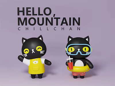 Black Cat Dolls Chillchan from Hello Mountain with Yellow Apron Goggles and Inflatable Ring 3d model